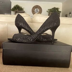 Nina, Black Glitter Open Toe Pumps/Sandal, Sz 9